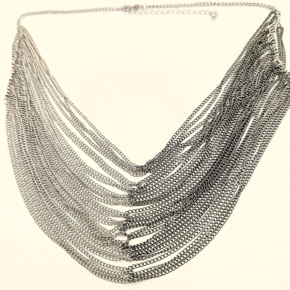 Handmade Two Tone Multi Layer Silver and Gunmetal Cascade Chain Necklace - Picture 8 of 8